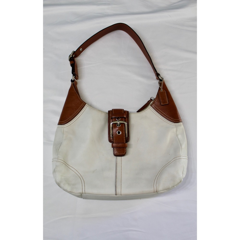 Coach Soho White Leather Buckle Hobo Shoulder Bag Cognac Trim F1197 Y2K